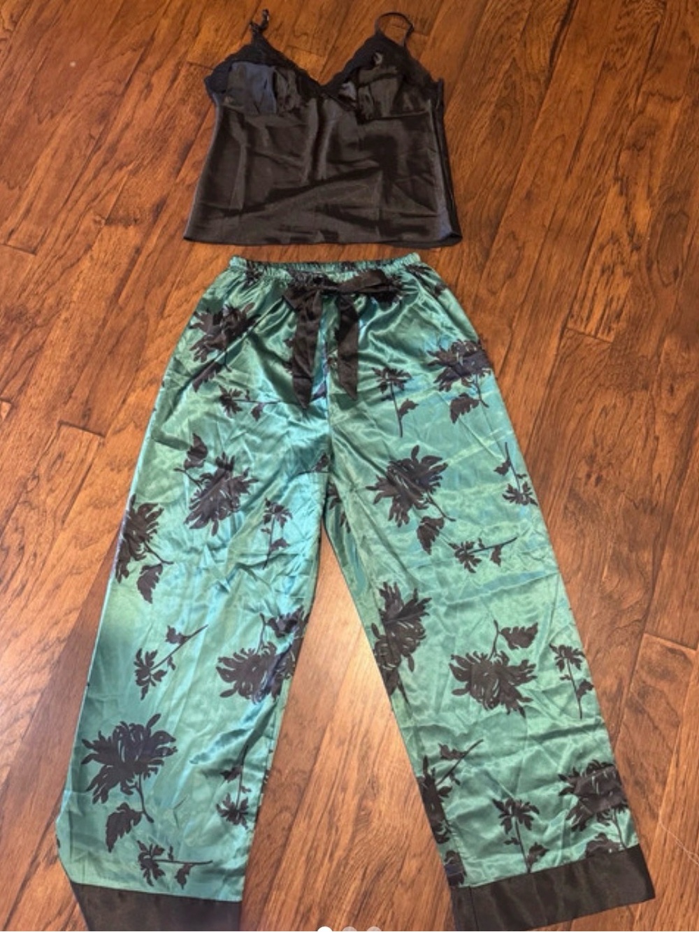 Black Satin Cami & Green Floral Pajama Set - Kids